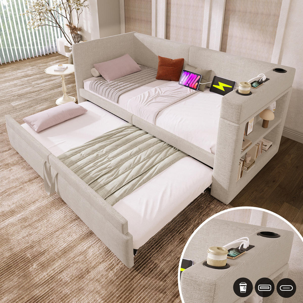 TAGESBETT 90x200cm Einzelbett Schlafsofa Ausziehbett USB-C & Halter Beige - Beige, Holz (90/200cm) - FLIEKS