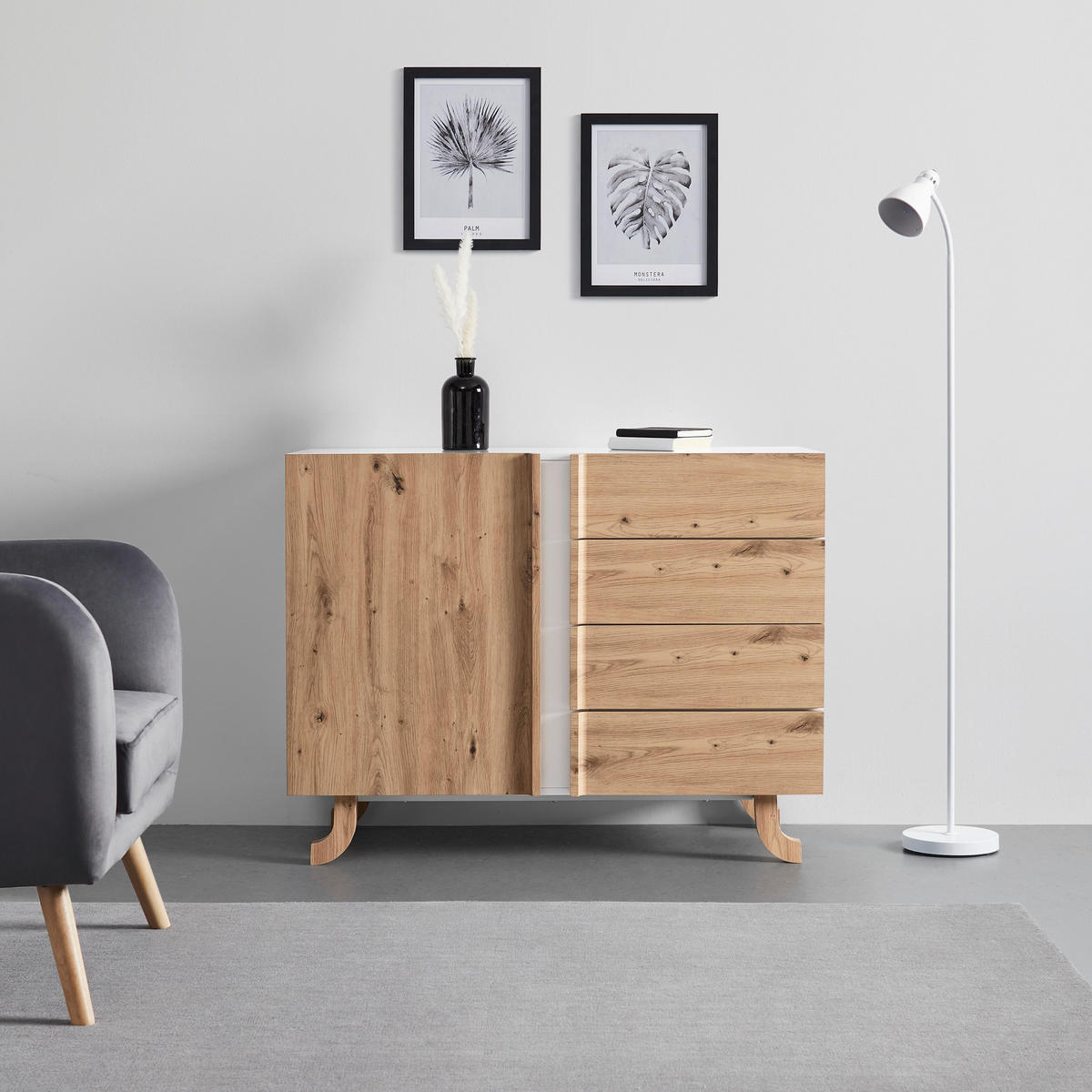 SIDEBOARD Vira Weiß/Kieferfarben Echtholz - Weiß, Holz (110/83/43cm) - Bessagi Home
