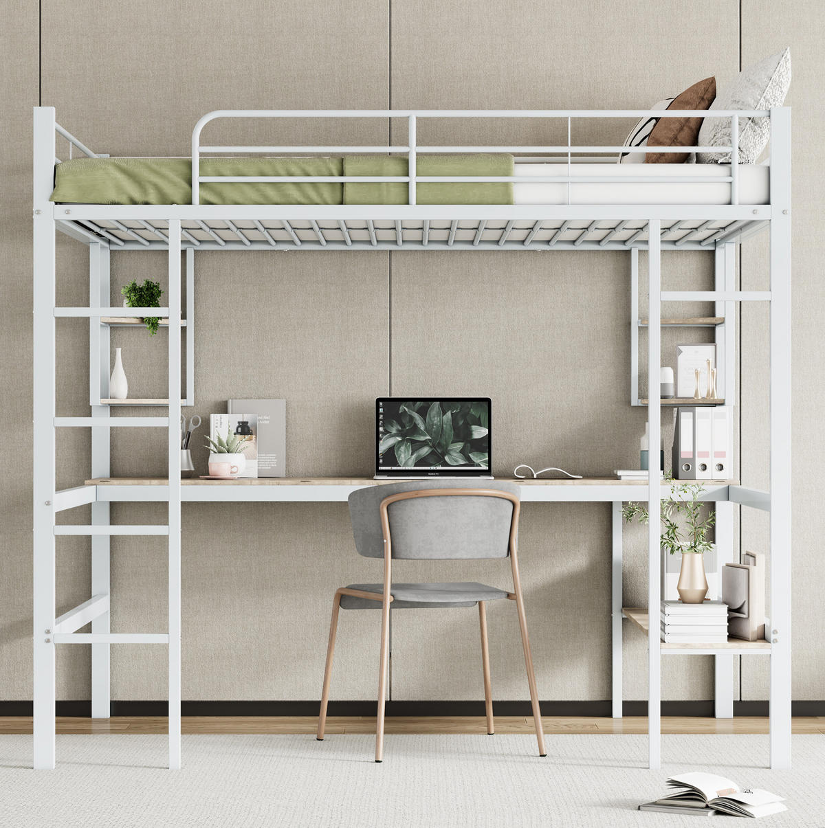 HOCHBETT 140/200 cm Weiß aus Metall und MDF mit Schreibtisch - Weiß, Metall (140/200cm) - OKMYHOME