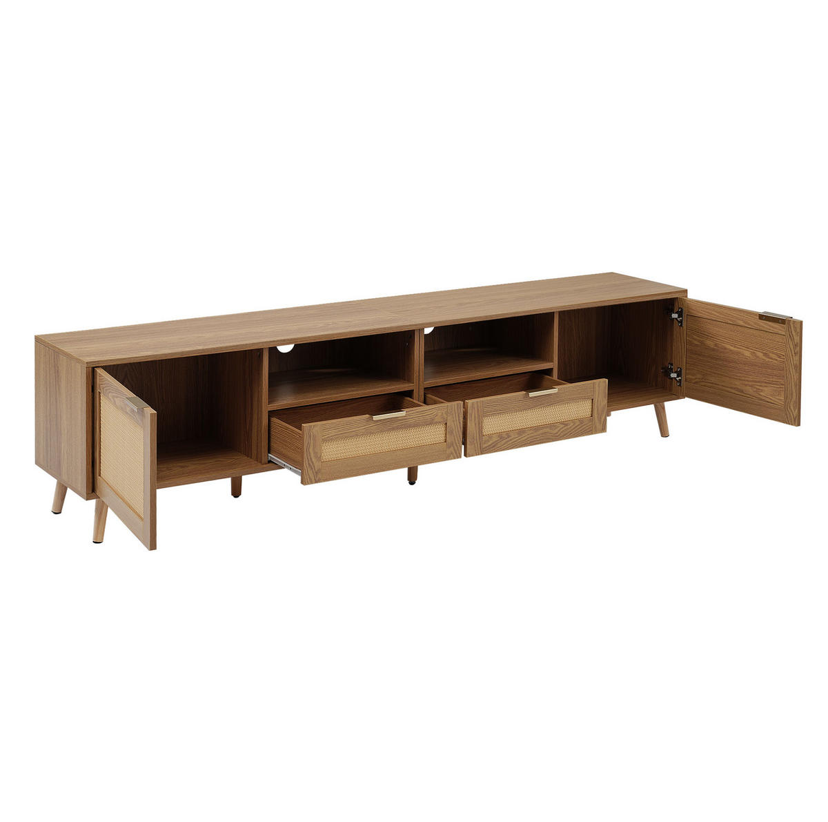 TV-SCHRANK in Eiche mit Rattan-Details, 2 Türen und 2 Schubladen 200/37/49 cm - Eichefarben, Holzwerkstoff (200/49/37cm) - Redom