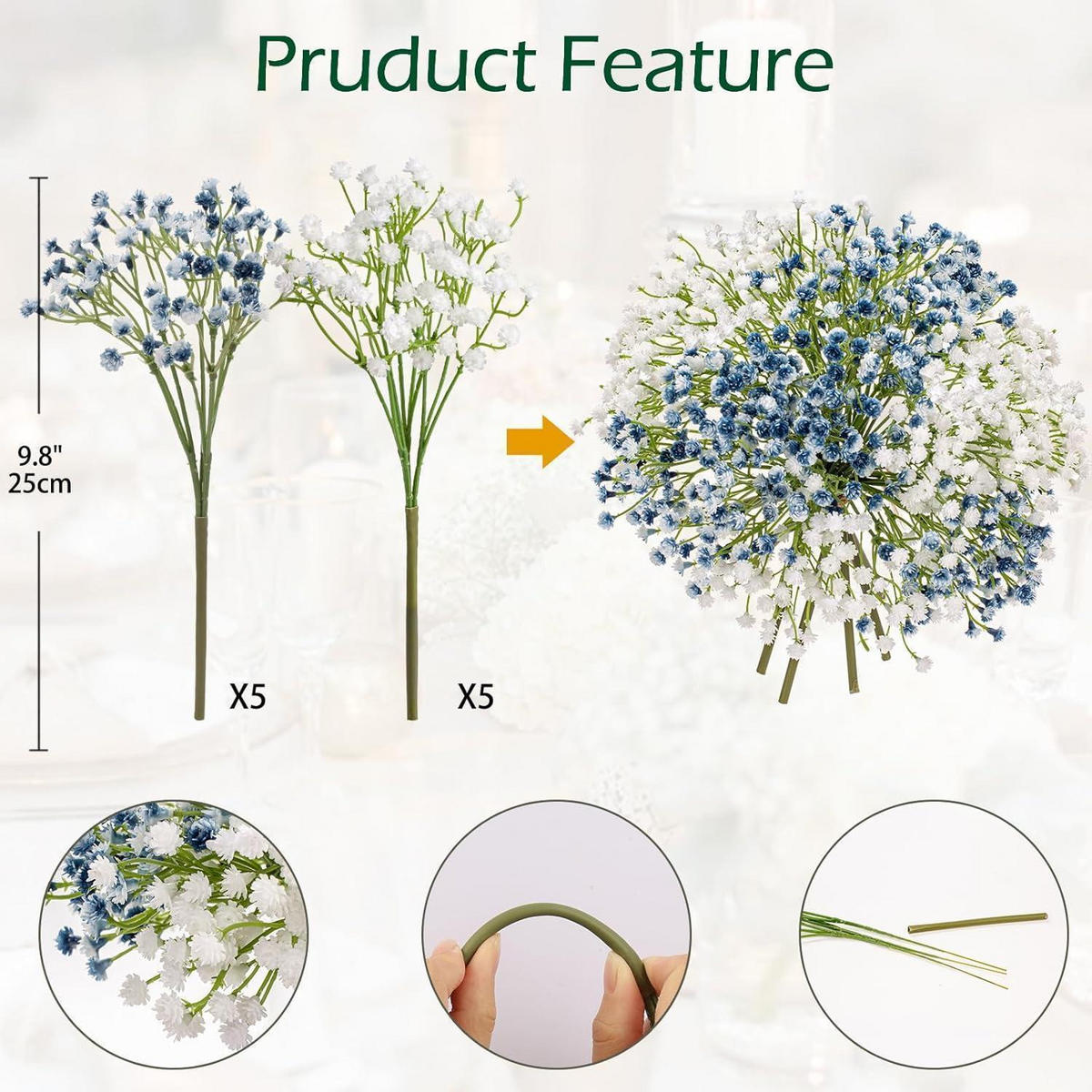 KUNSTBLUMEN Schleierkraut 10 Stück Bund Blau-Weiß 25 cm - Multicolor, Kunststoff (24cm)
