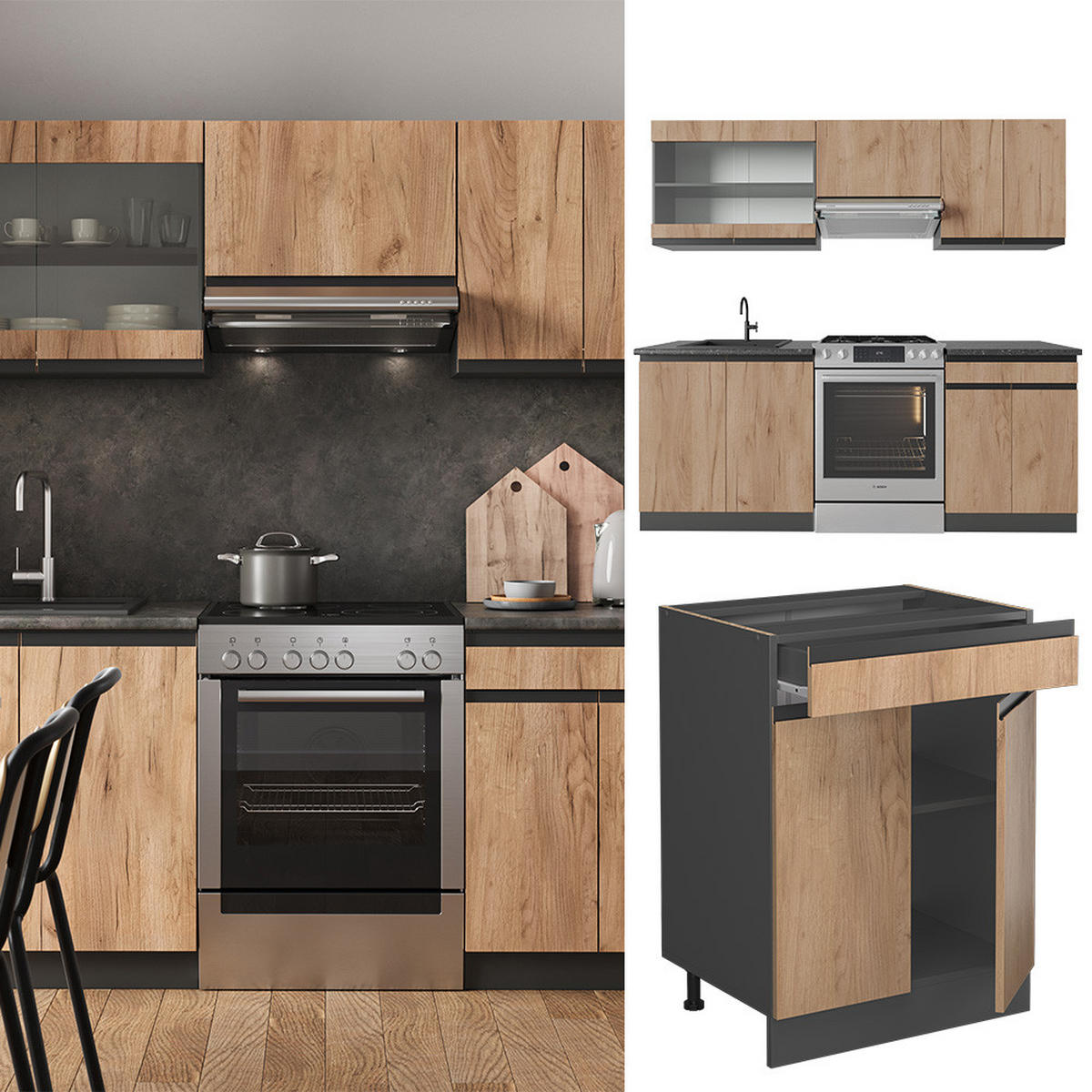 KÜCHENZEILE R-Line Goldkraft Eiche/Anthrazit 200 cm J-Shape - Honigeiche/Anthrazit, Holzwerkstoff (200/81.6/46cm) - Vicco