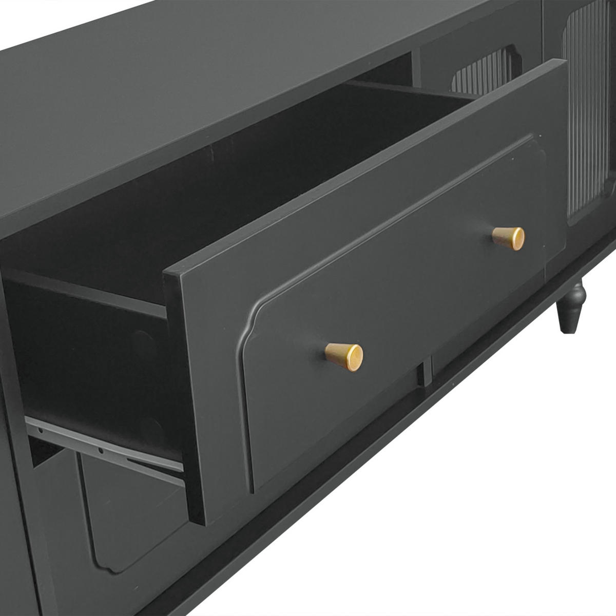 TV-LOWBOARD 175 cm Schwarz mit Türen, Goldgriffen und Massivholzbeinen - Schwarz, Holz (175/55/38cm) - PARAFTA HOME