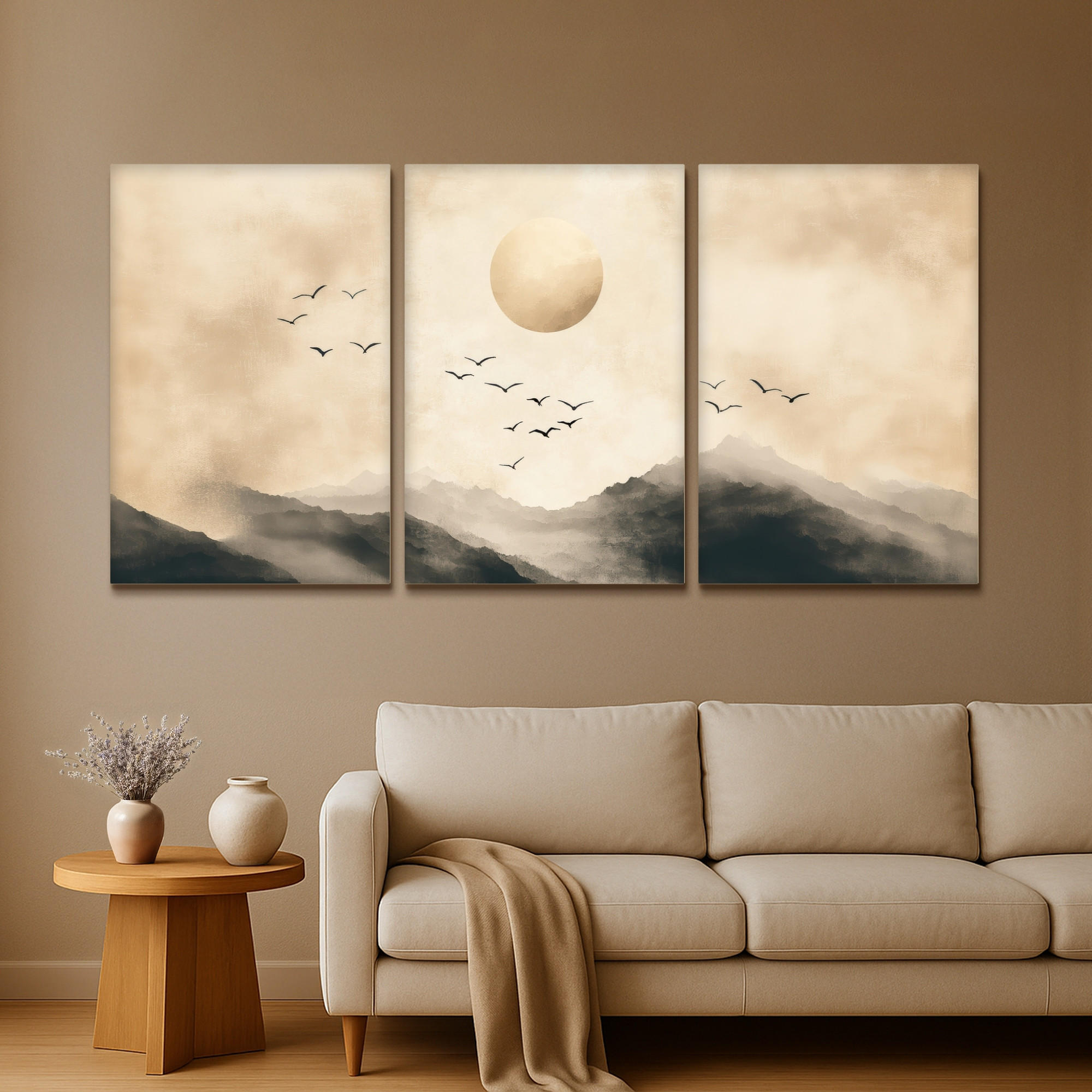 LEINWANDBILD 3er Set Landschaft - Japandi - Beige - Vögel 240x120 cm - Beige, Textil (240/120cm) - MuchoWow
