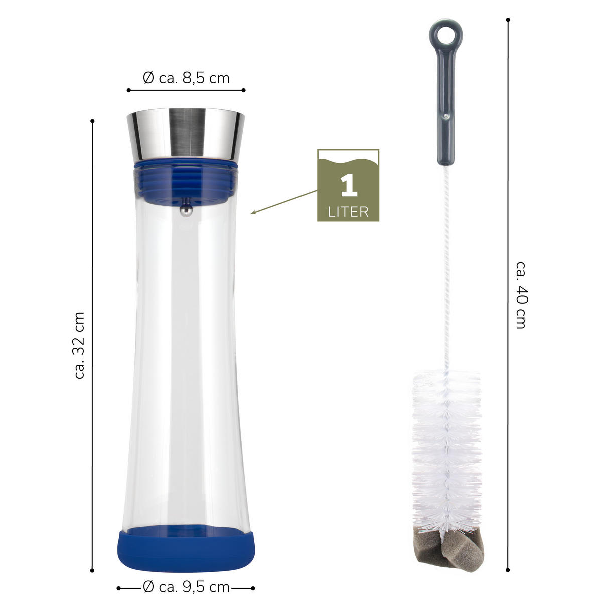 GLASKARAFFE 1 Liter CAROLA, blau, Edelstahl, Silikon - Blau, Glas (1L) - bremermann