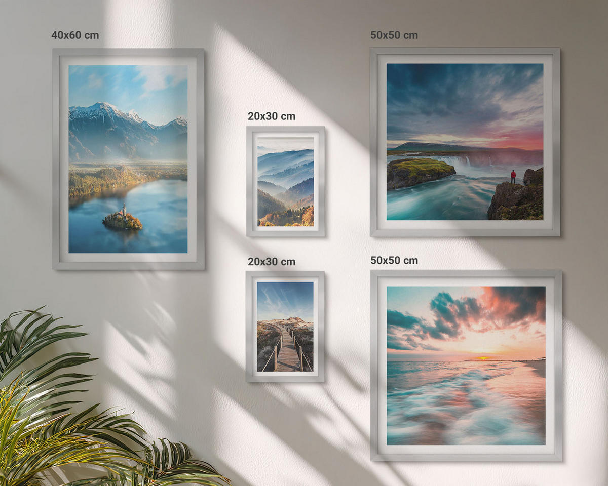 BILDER SET 5er Set - 50x50 cm & 20x30 cm & 40x60 cm Silberner Rahmen - Berglandschaften, Wasserfälle - Silberfarben, Kunststoff (40/60cm) - TULUP