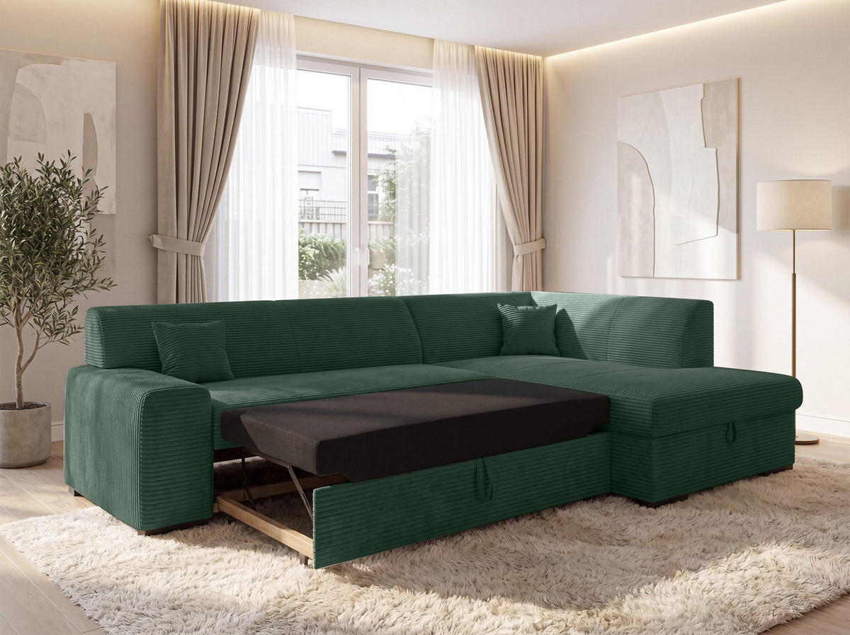 ECKSOFA L Form Minosa Flaschengrün 260/175/71 cm Rechts mit Schlaffunktion - Dunkelgrün/Schwarz, Kunststoff/Textil (175/260cm) - AX Living