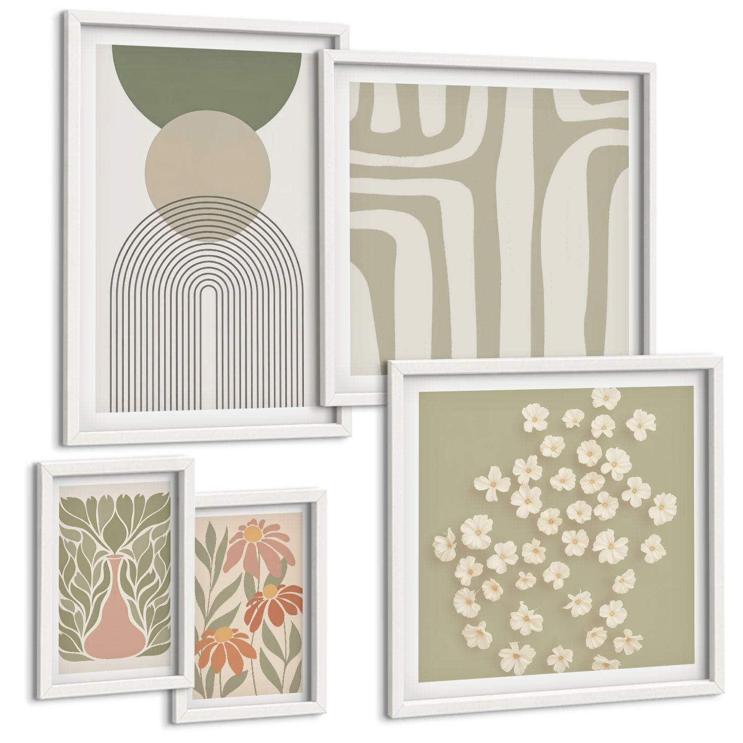 BILDER SET 5er Set - 50x50 cm & 20x30 cm & 40x60 cm Weißer Rahmen - Floraler minimalistischer Boho-Stil - Weiß, Kunststoff (40/60cm) - TULUP