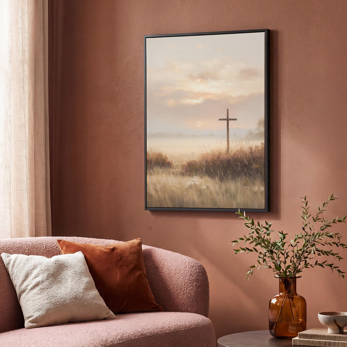 LEINWAND Bilder mit Rahmen - Gras - Morgennebel - Kreuz - Christentum - 70x100 - Beige, Textil (70/100cm) - MuchoWow