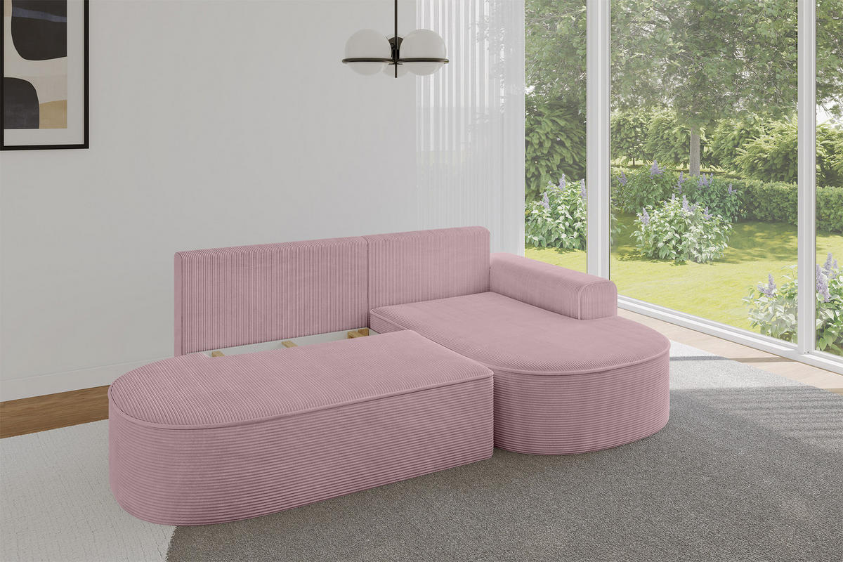 ECKSOFA mit Schlaffunktion und Bettkasten Ottomane Rechts MARI-L1-S - 283x167x73 cm Rosa Cord - Schwarz/Rosa, Holzwerkstoff/Kunststoff (167/283cm) - ALTDECOR