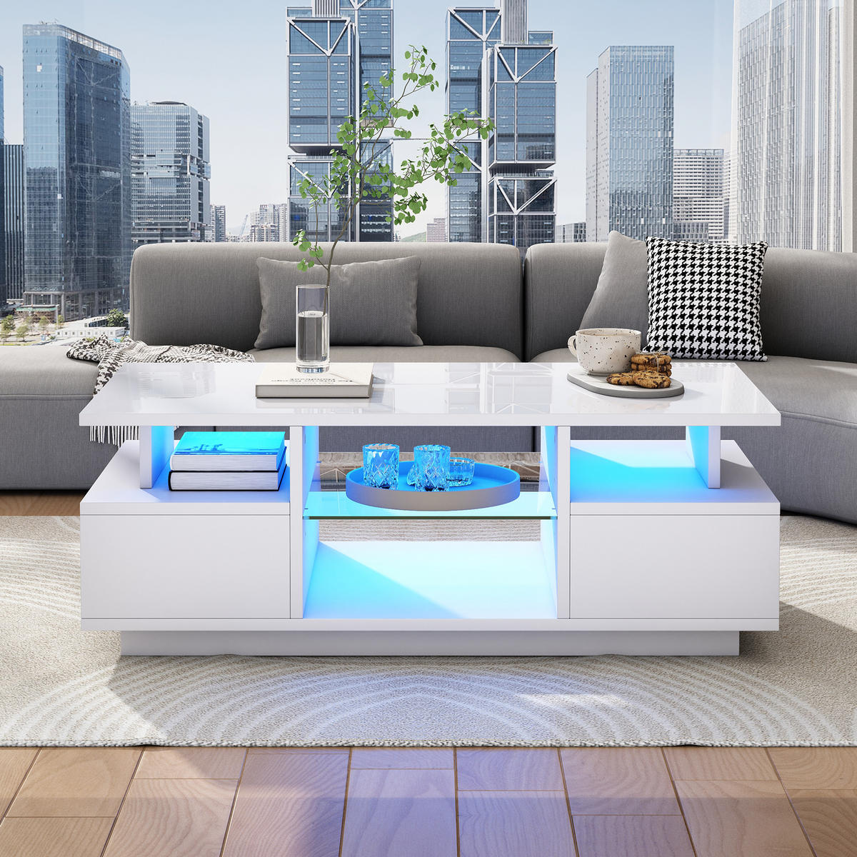 COUCHTISCH in Weiß Kaffeetisch mit 2 Schubladen, LED & Glas, offener Stauraum, Hochglanz Sofatisch, B100/T50/H36cm - Weiß, Holzwerkstoff/Metall (50/100/36cm) - STILVORA