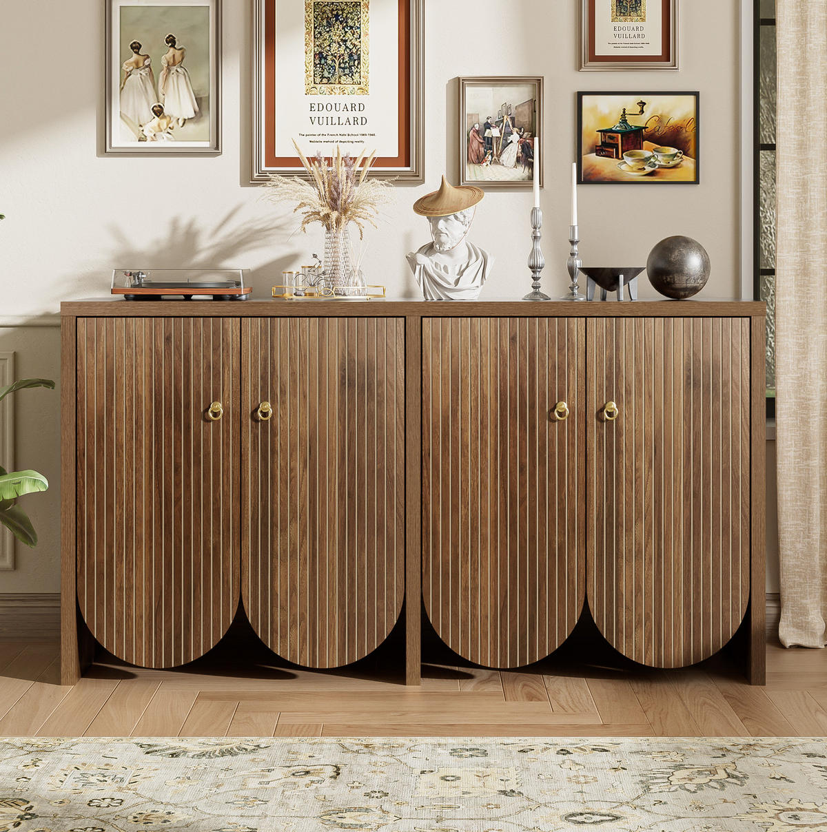 SIDEBOARD 147/40/80 cm mit 4 Türen in Walnussoptik & Rillenfronten - Walnussfarben, Holzwerkstoff (147/80/40cm) - BEAOK