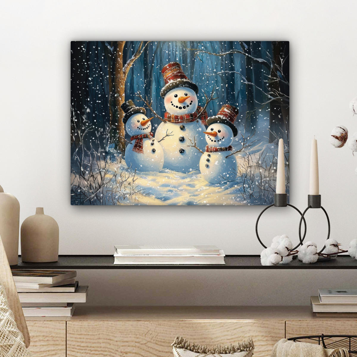 SLIKA NA PLATNU Snögubbe - Snö - Vinter - Skog 40x30 cm - svetlo modra, tekstil (40/30cm) - MuchoWow