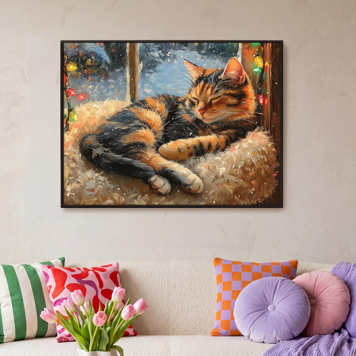 LEINWAND Bilder mit Rahmen - Katze - Weihnachten - Winter - Tier - 100x70 - Bernsteinfarben, Textil (100/70cm) - MuchoWow