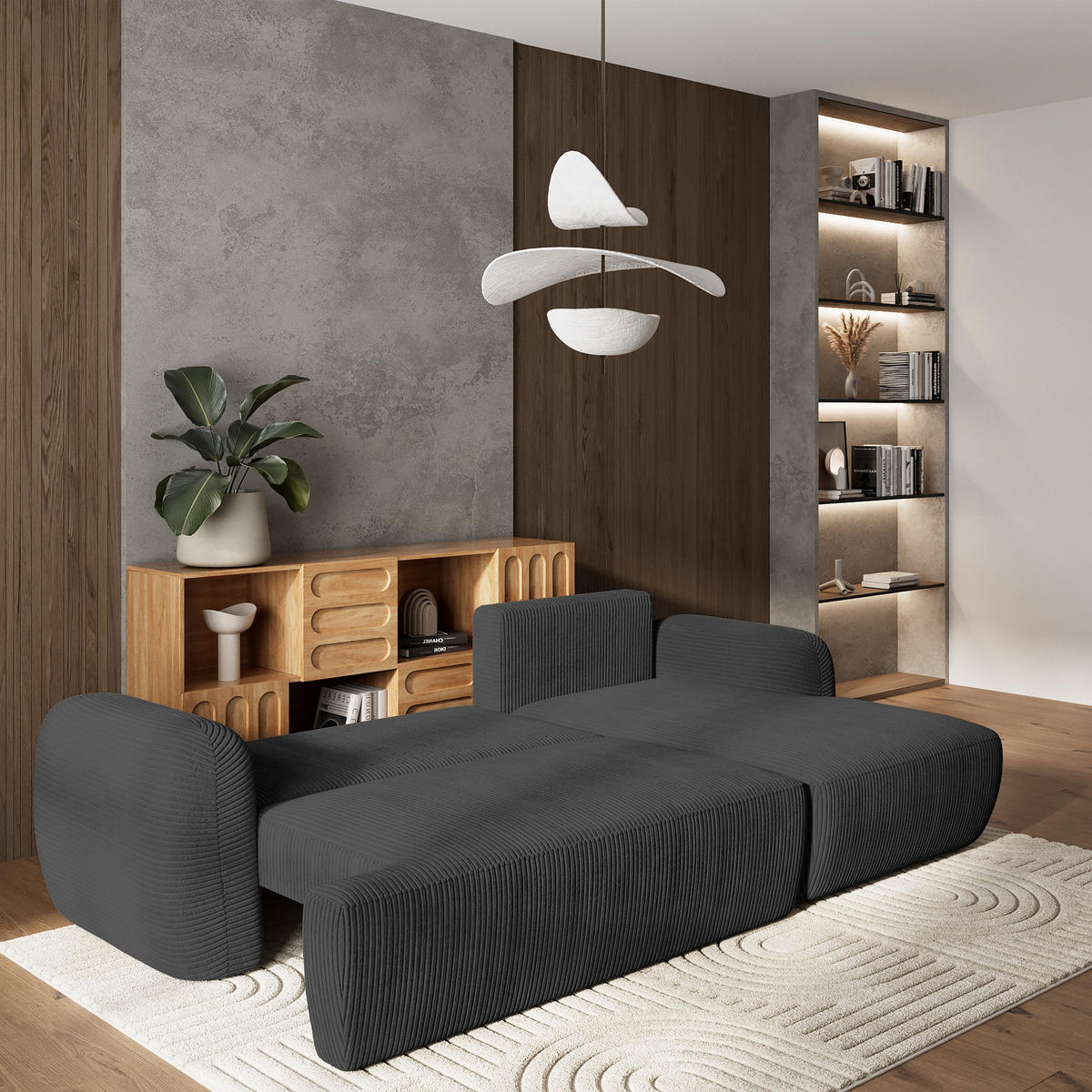 ECKSOFA MODENZA P R-S Graphitfarben Kordstoff mit Schlaffunktion - Graphitfarben, Holz (266/148cm) - MASSENO