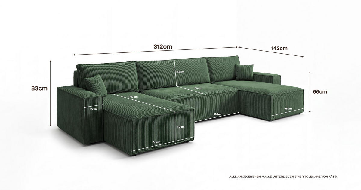 SEDACÍ souprava CALIFORNIA MINI tvar U zelená manšestr Poso 14 - funkce spaní, úložný prostor - zelená barva, textil (312/85/142cm) - Cornero