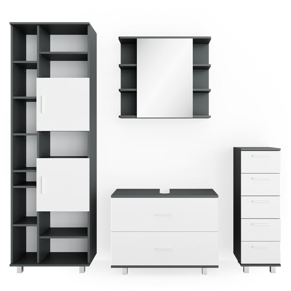BADMÖBEL-SET Ilias Weiß/Anthrazit 4 Teile, mit Hochschrank - Anthrazit/Weiß, Holzwerkstoff (80.2/60.8/33cm) - Vicco