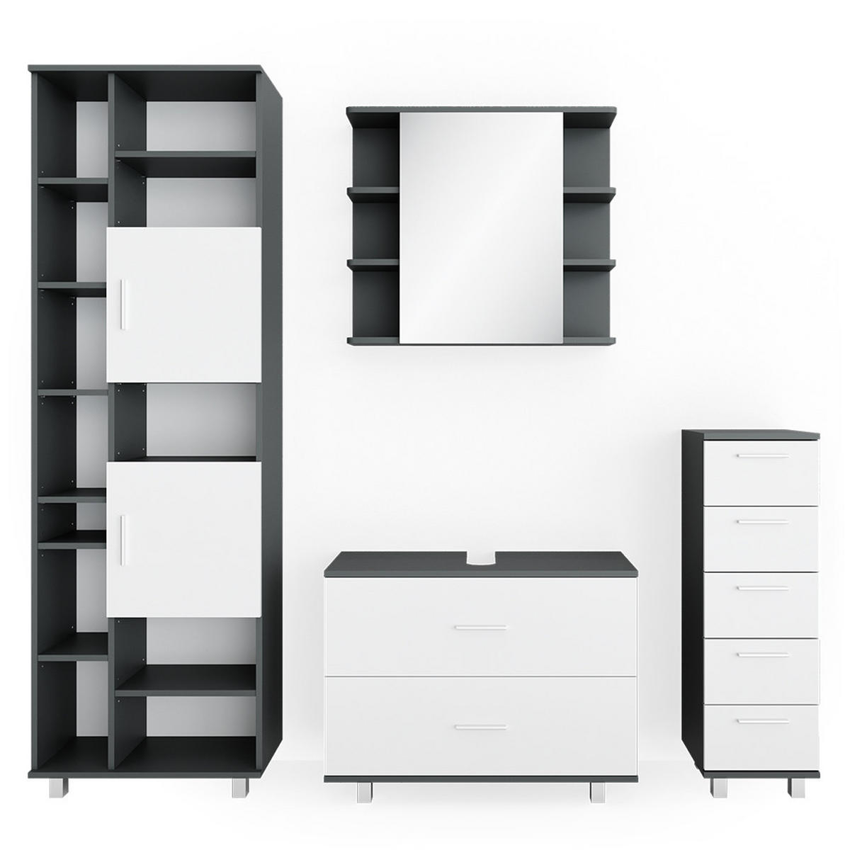 BADMÖBEL-SET Ilias Weiß/Anthrazit 4 Teile, mit Hochschrank - Anthrazit/Weiß, Holzwerkstoff (80.2/60.8/33cm) - Vicco