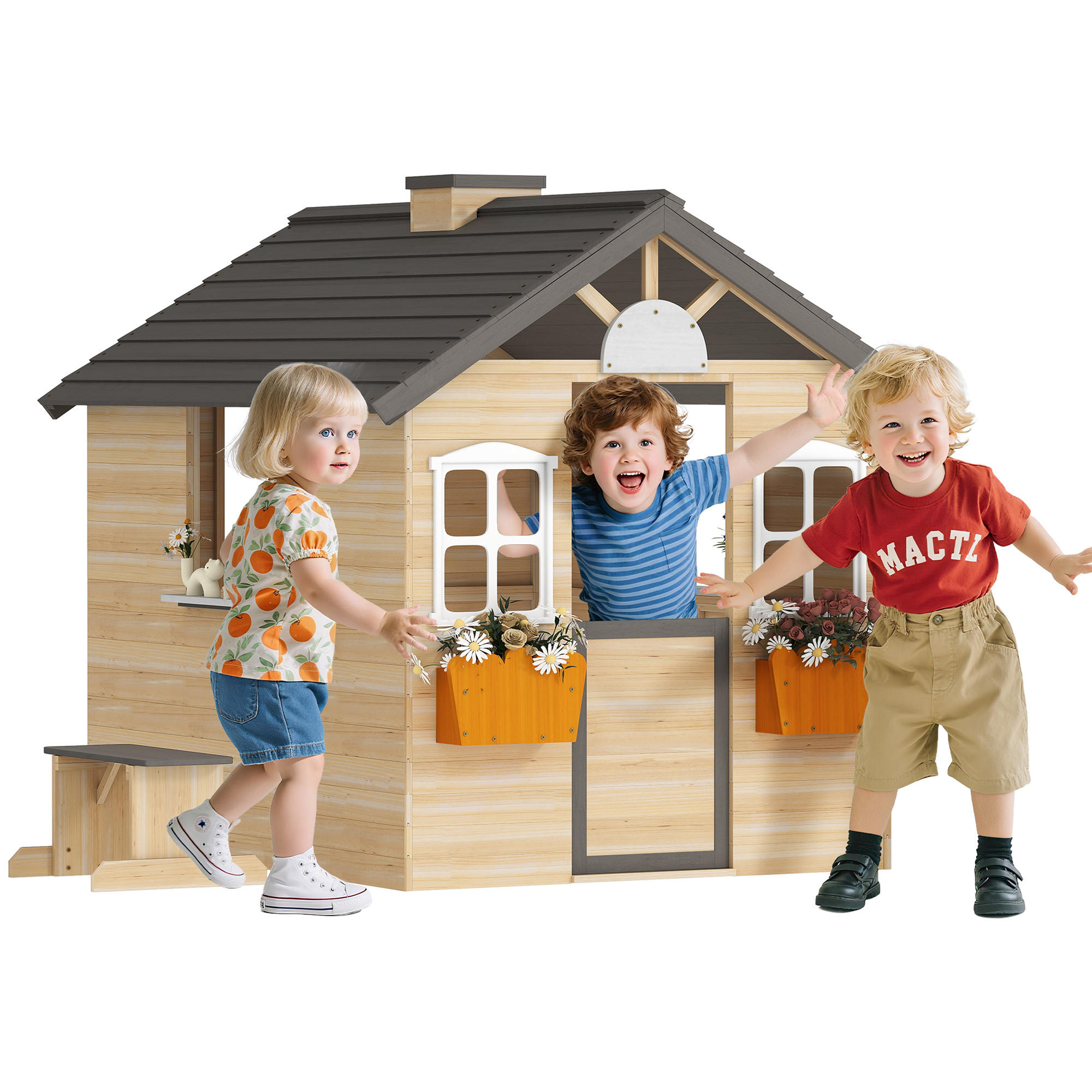 SPIELHAUS DE-10859 mit Tür, Fenster & Blumentopfrack Natur - Naturfarben, Holzwerkstoff (94/134.5/113cm) - ComfortXL