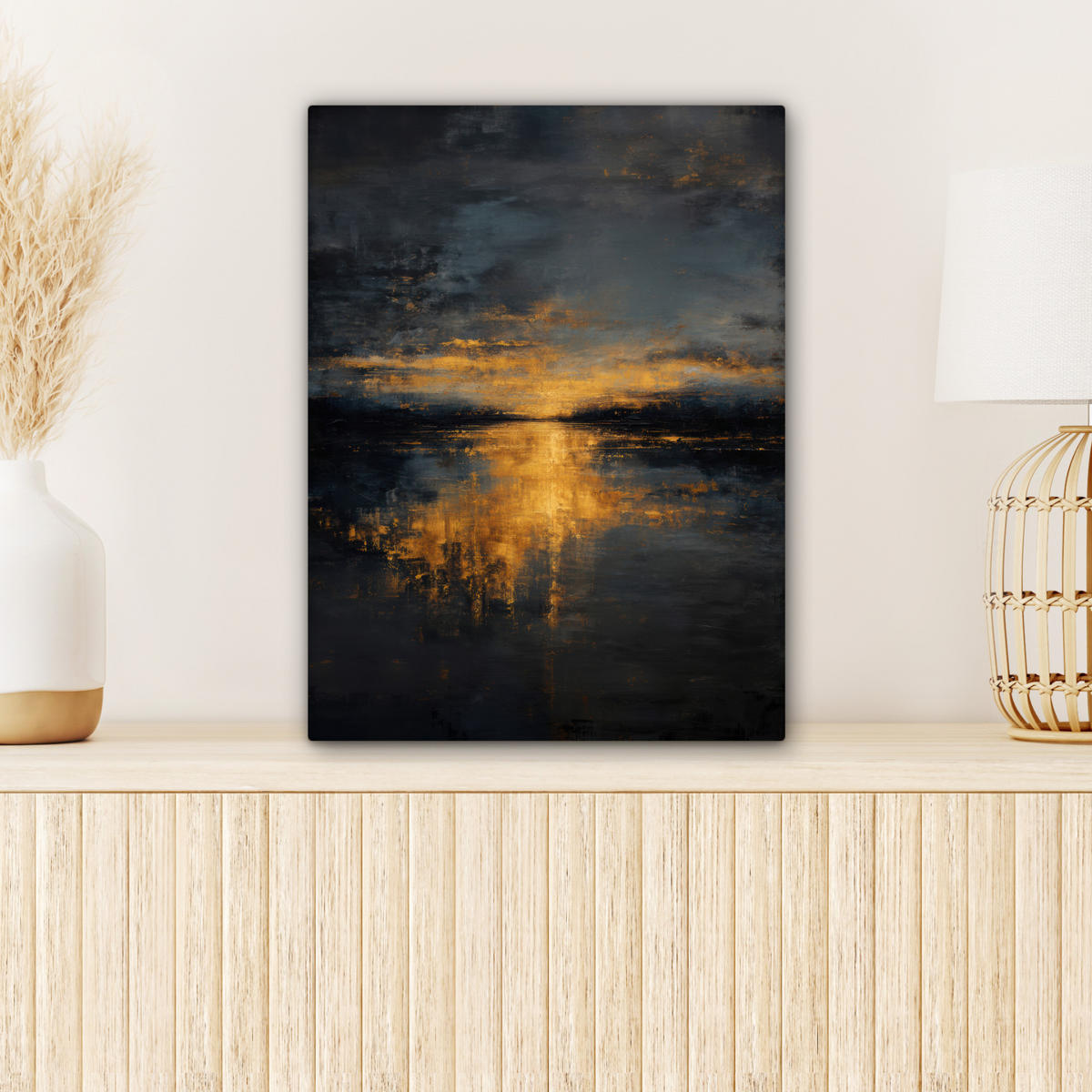 LEINWANDBILD Goldene Reflexion auf dem Wasser Room Decor 30x40 cm - Anthrazit, Textil (30/40cm) - MuchoWow