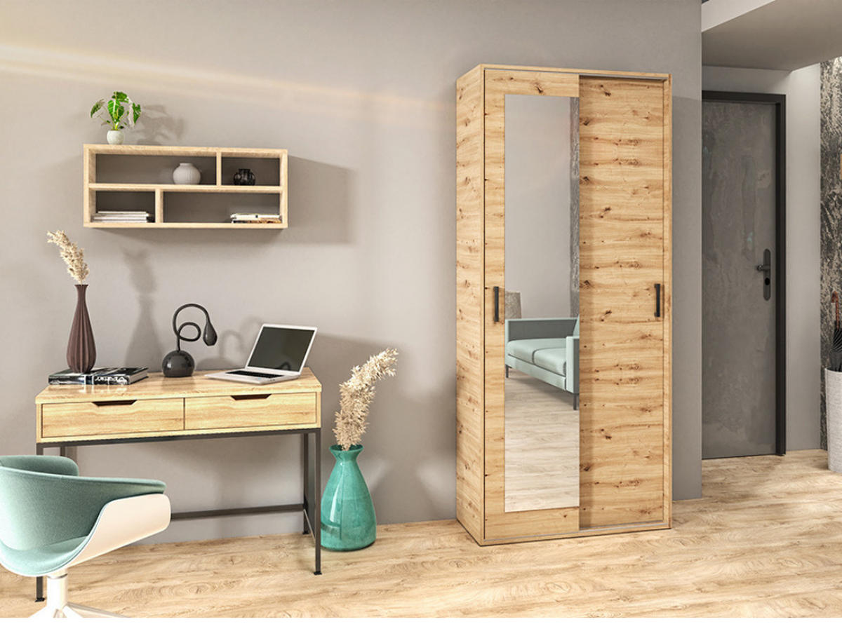 GARDEROBENSCHRANK Vanessa I 90 cm mit Spiegel, Eiche artisan - Eiche Artisan, Kunststoff (90/205/40cm) - Margaret Hadas24
