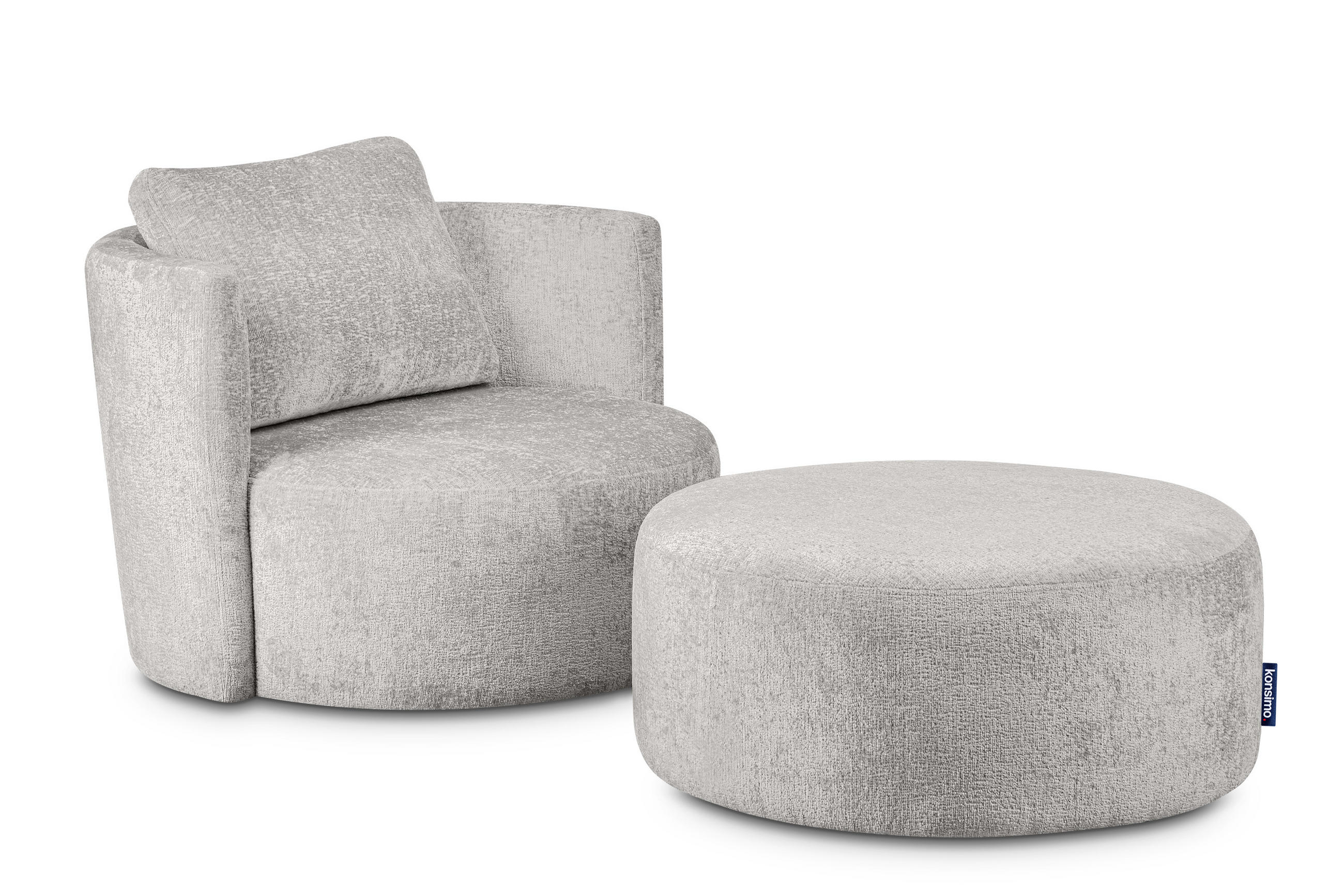 DREHSESSEL-SET RAGGI inkl. Sitzhocker, Chenille-Stoff, grau - Hellgrau, Textil (92/75/80cm) - KONSIMO®