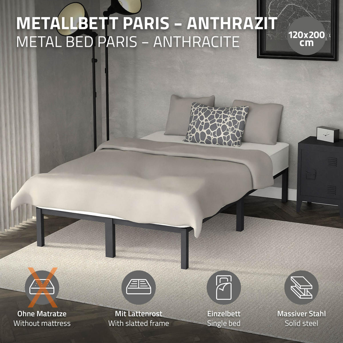 METALLBETT 120/200cm - Anthrazit, Metall (120/200cm) - ML-DESIGN