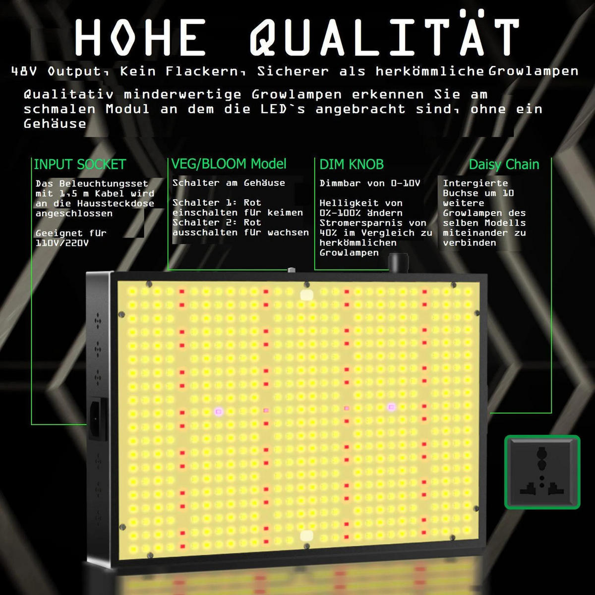 GROWLAMPE LED 200W Vollspektrum Dimmbar Pflanzenlampe Indoor Grow Licht Anzuchtlampe Pflanzenlicht Energieeffizient - Goldfarben, Keramik/Kunststoff (28/4/35cm) - JUNG