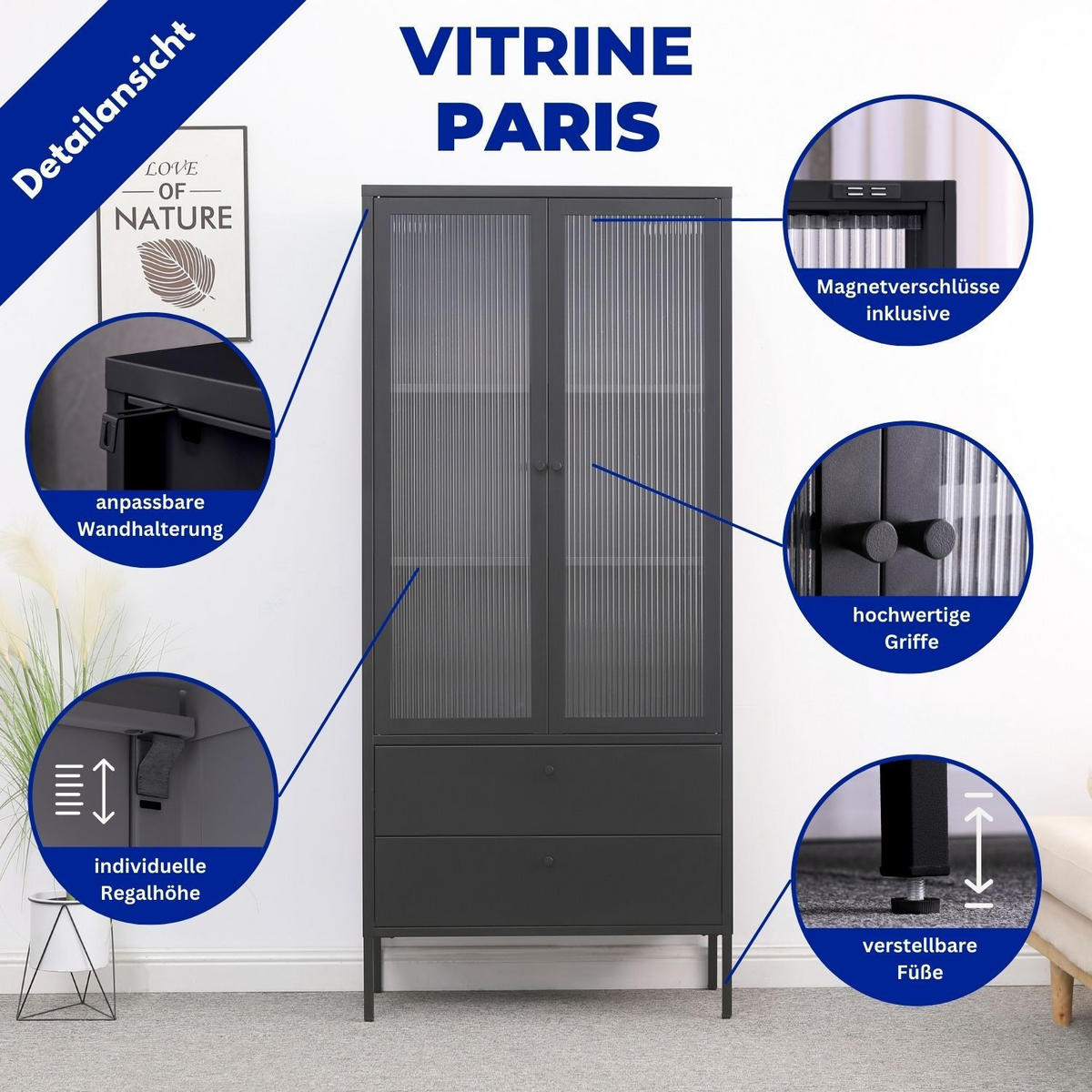 VITRINE PARIS Metall Schwarz mit Schubladen und Türen 80/35/180 cm - Schwarz, Metall (35/180/80cm) - Mein-Regal