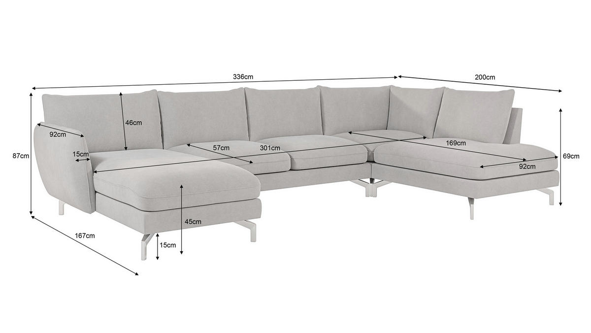 WOHNLANDSCHAFT Elou Silber Luxusmicrofaser - Chromfarben/Silberfarben, Textil/Metall (336/87/200cm) - S-Style Möbel