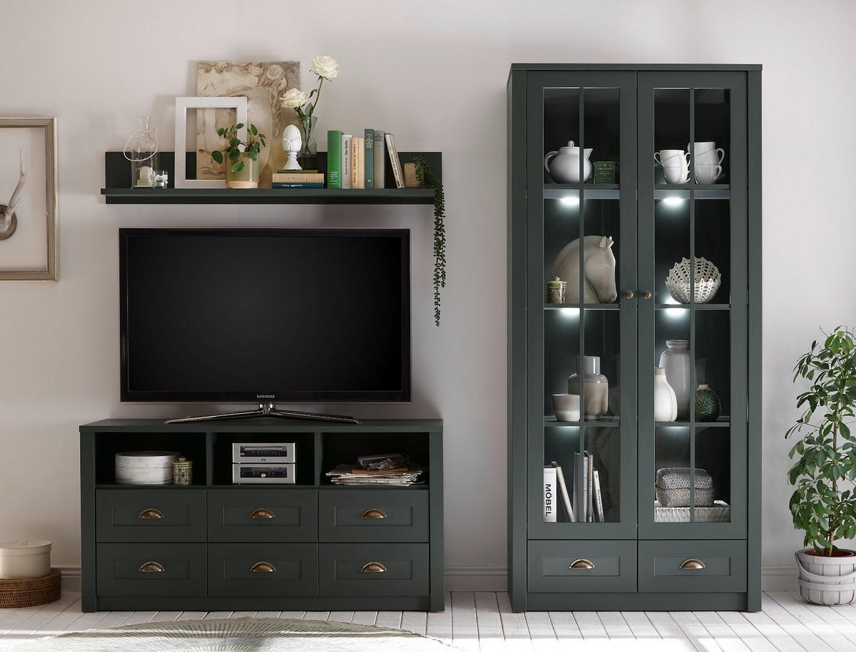WOHNWAND grün Landhaus 3-teilig 240 cm, Wohnkombination mit viel Stauraum - Chromfarben/Schwarz, Glas/Holzwerkstoff (240/198/43cm) - Furn.Design