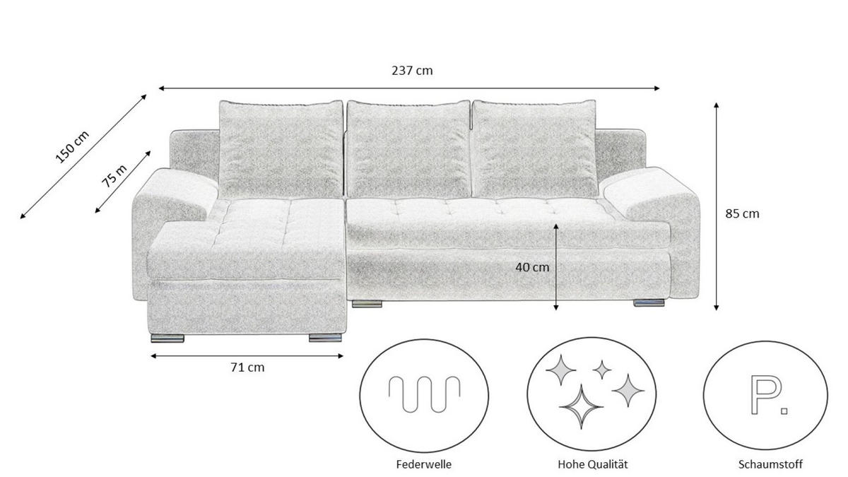 ECKSOFA TOMI Castel Dunkelgrau Links - Dunkelgrau, Holz (150/237cm) - Kaiser Möbel