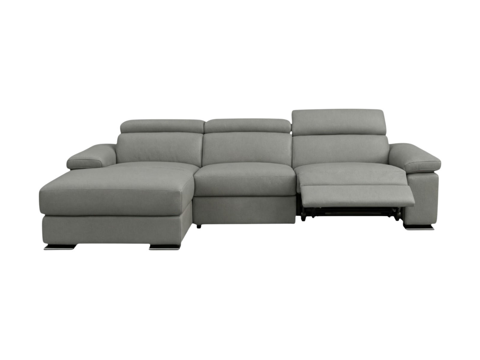 ECKSOFA Plutone Echtleder mit 1 x Relaxfunktion Perlgrau - Hellgrau, Leder/Metall (286/165cm)