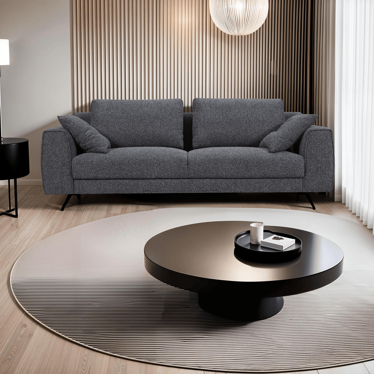 DREISITZER-SOFA Webstoff Grau - Schwarz/Grau, Textil/Metall (217/84/92cm) - Furnhouse
