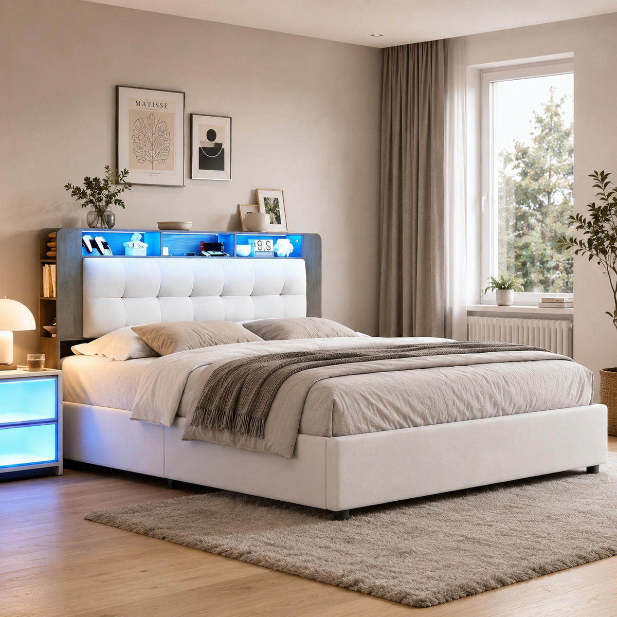 POLSTERBETT 140/200 cm mit LED,Kopfteil-Ladestation und Stauraum - Beige, Holz (140/200cm) - PARAFTA HOME