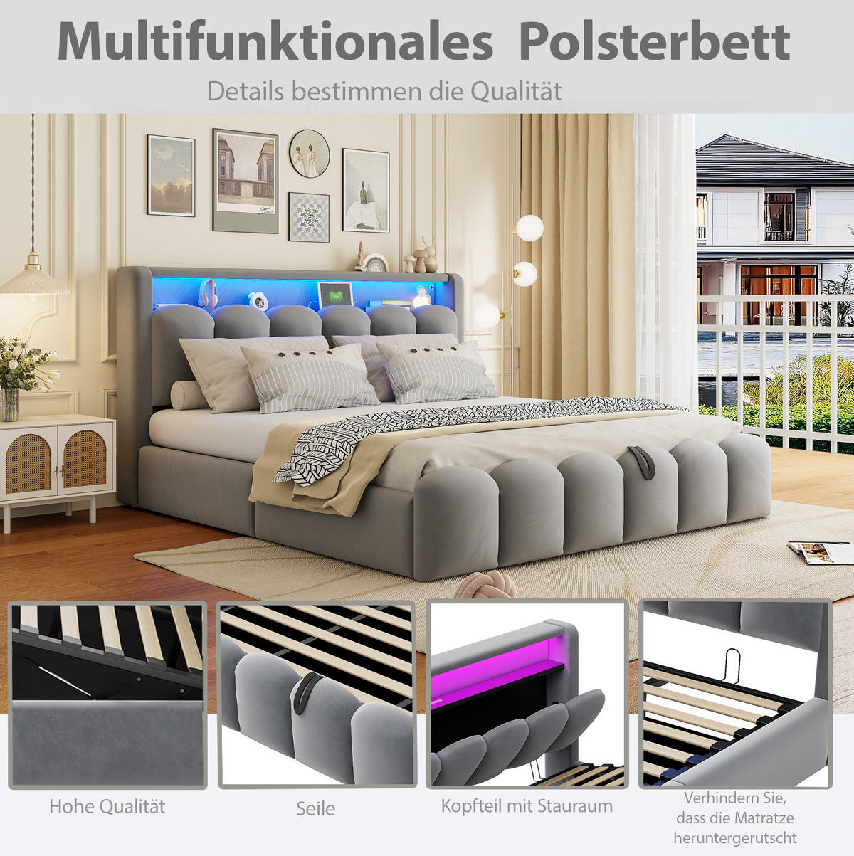 POLSTERBETT 180/200 cm grau aus Samt mit Stauraum, LED und USB - Grau, Textil (180/200cm) - OKWISH