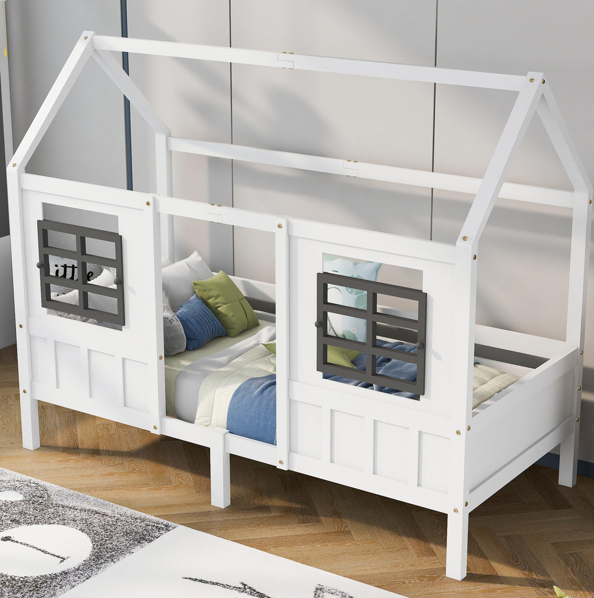HAUSBETT aus Kiefer und MDF 200x90 cm Weiß mit 2 Fenstern und umlaufendem Fallschutz - Weiß, Holzwerkstoff (90/200cm) - Modfu