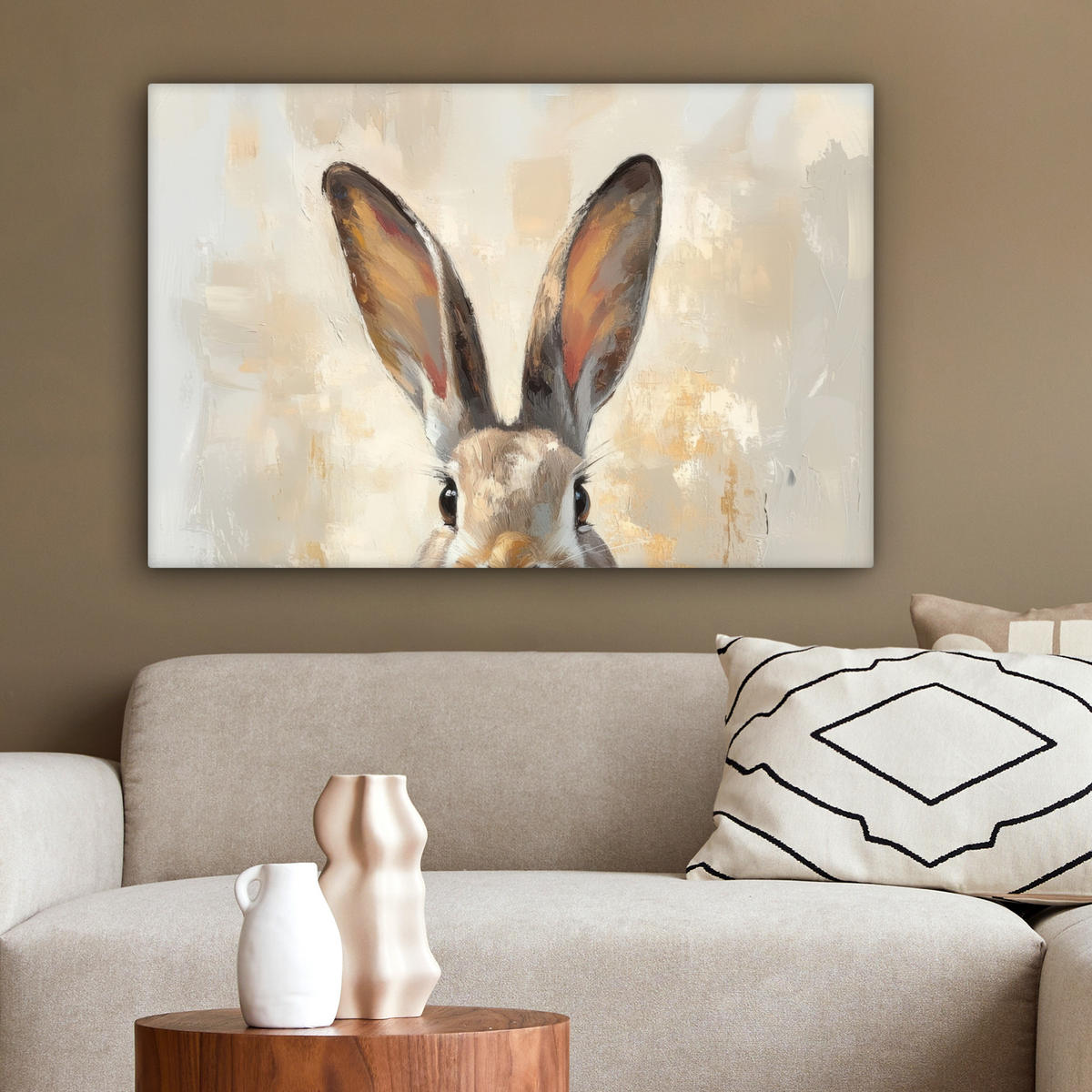 LEINWANDBILD Hase - Ohren - Braun Wanddeko 90x60 cm - Beige, Textil (90/60cm) - MuchoWow