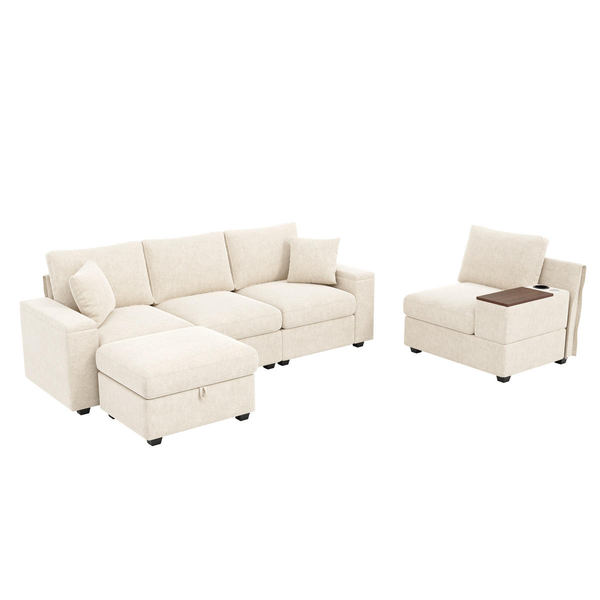 ECKSOFA 313/147/82 cm Beige mit Stauraum, USB-/Typ-C, Getränkehaltern und 360° drehbarem Couchtisch - Beige, Textil/Metall (313/147cm) - Oxeza