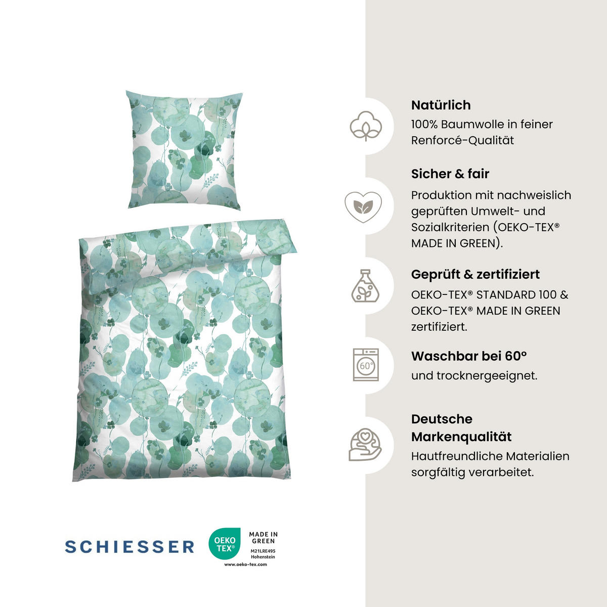 BETTWÄSCHESET Mia - Renforcé - 2-teilig - 135 x 200 cm - Mint - Mintgrün, Textil (135/200cm) - SCHIESSER