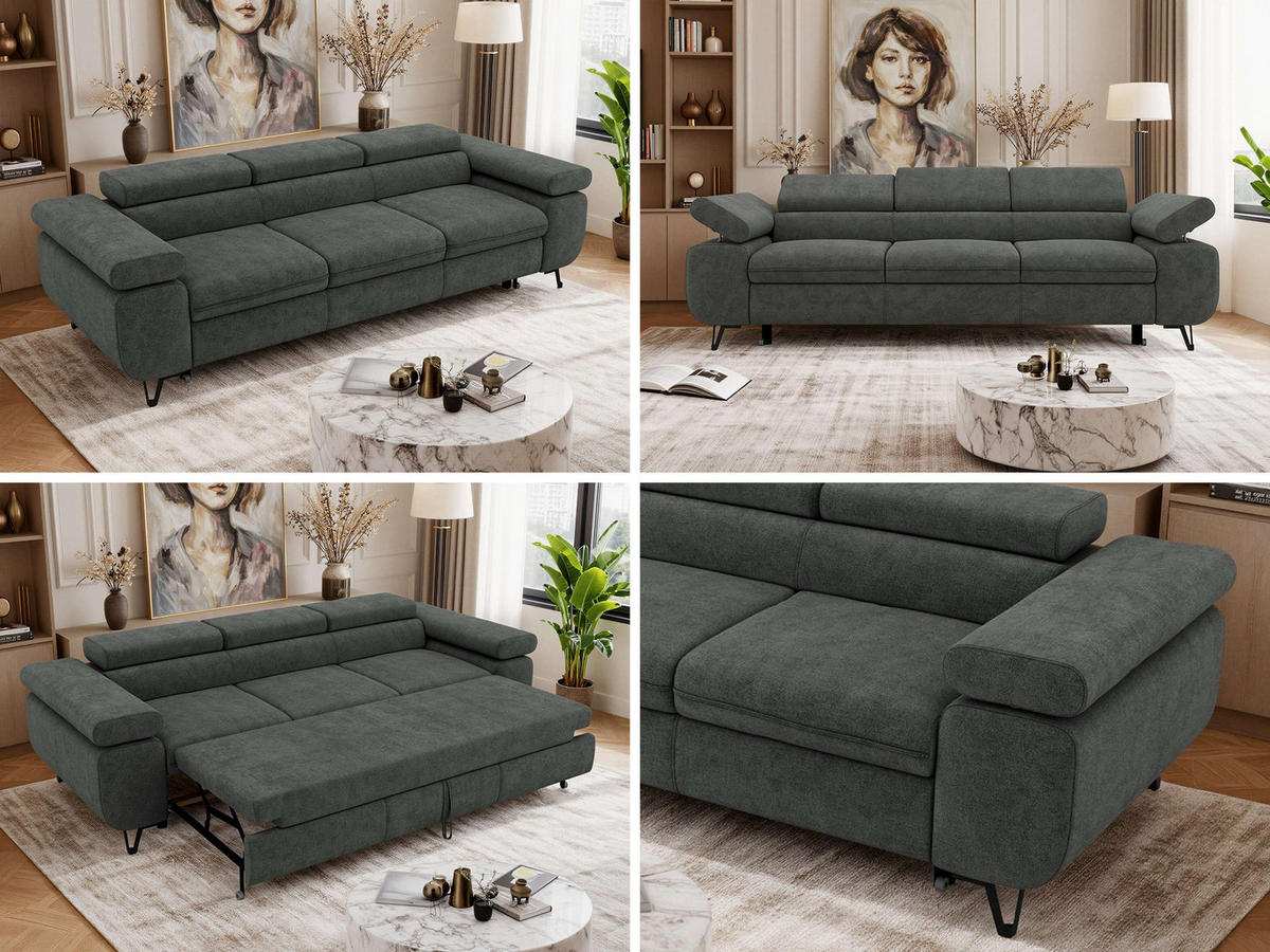 TŘÍMÍSTNÁ POHOVKA PETER 3 s rozkládací funkcí - Tmavě šedá Strukturovaná látka - černá/tmavě šedá, kov/textil (262/76/99cm) - MKS