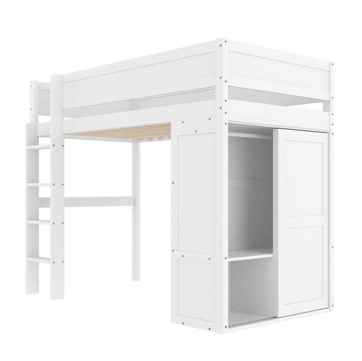 HOCHBETT aus Kiefernholz und MDF 90x200 cm Weiß mit Kleiderschrank und Staufach - Weiß, Holzwerkstoff (90/200cm) - IVMEU