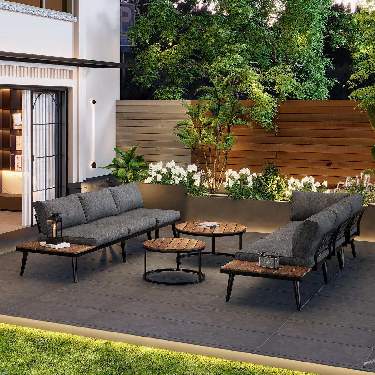 ESSGRUPPE 6-tlg. 5-6 Personen Grau 2x2er-Sofa 2xSessel 2xTisch - Dunkelgrau, Metall - FLIEKS