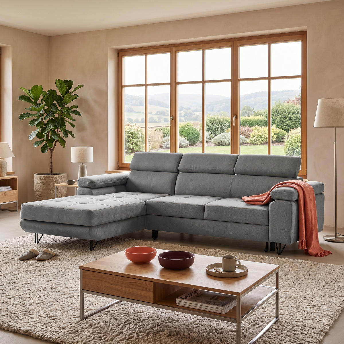 ECKSOFA NORIS L Links mit Schlaffunktion 128x203 Velours Grau - Schwarz/Grau, Holz/Textil (250/183cm) - Muffo