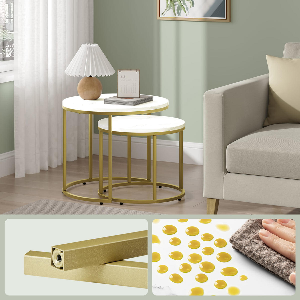 COUCHTISCH 2er Set rund marmor - Goldfarben, Holzwerkstoff (53/53/45cm) - Mat-Haus