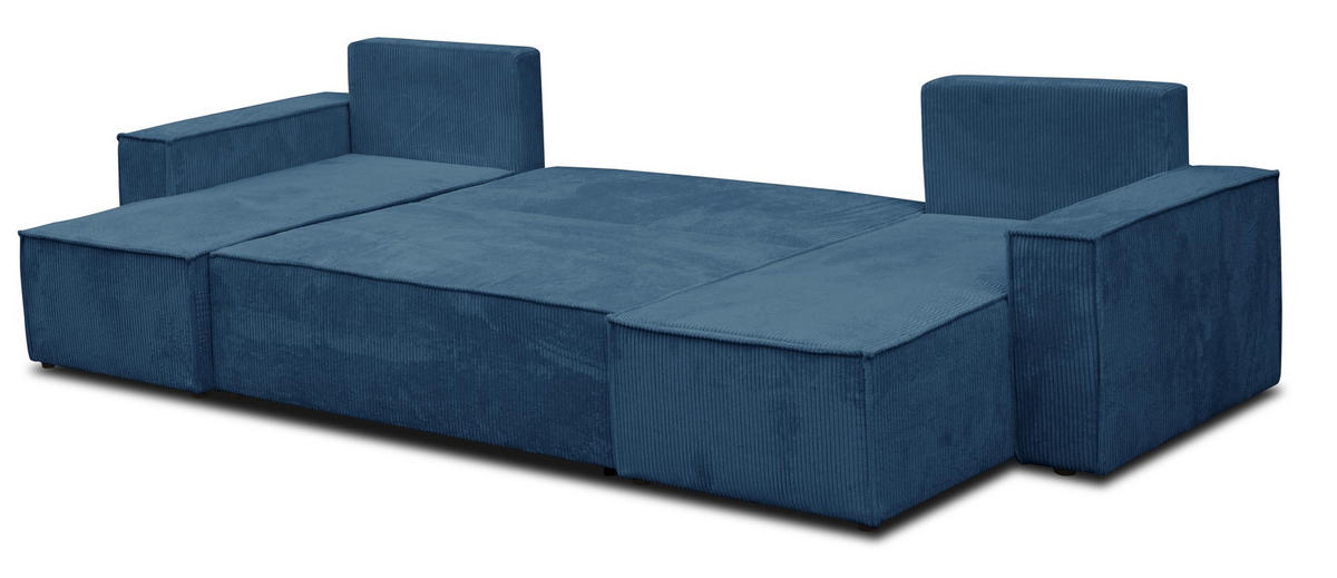 WOHNLANDSCHAFT Hugo U-Form Cordstoff mit Schlaffunktion und Bettkasten - Dunkelblau, Textil (312/83/142cm) - VENASI MÖBEL