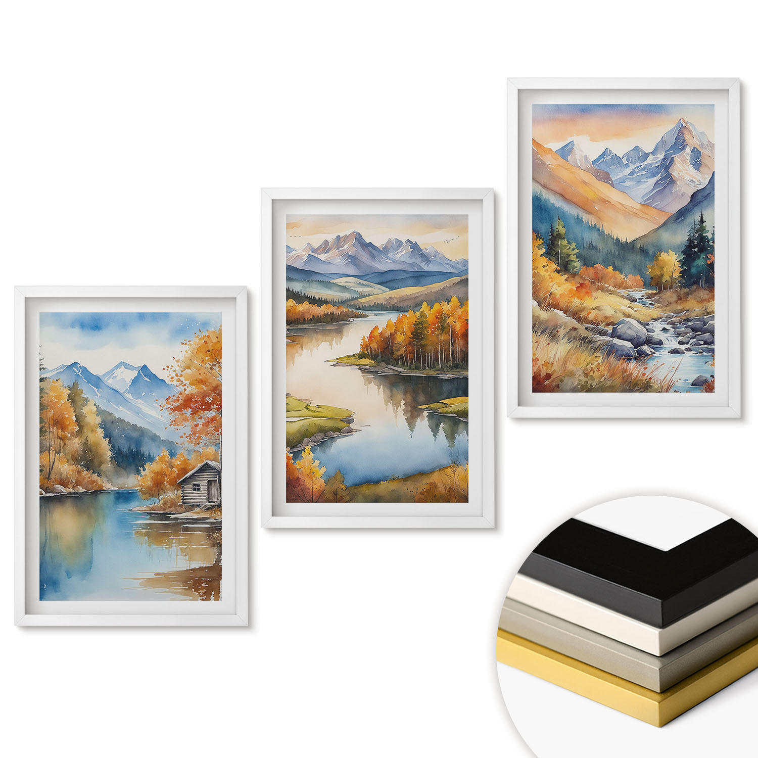 WANDBILDER 3er-Set - 40x60 cm Weißer Rahmen - Gebirgsflüsse, Herbstbäume - Weiß, Kunststoff (40/60cm) - ArtPrintCave