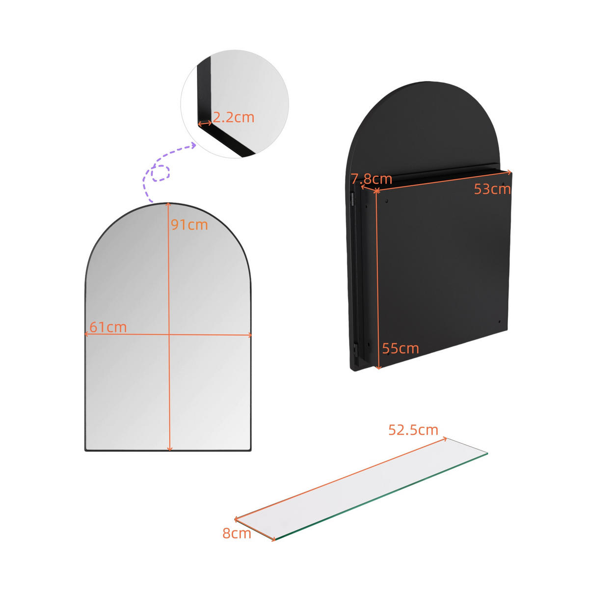 SPIEGELSCHRANK 91x61x12cm schwarz mit gehärtetem Glas Wandmontage,Feuchtigkeitsbeständig,Integrierter Stauraum - Silberfarben, Glas (61/91/12cm) - Modfu