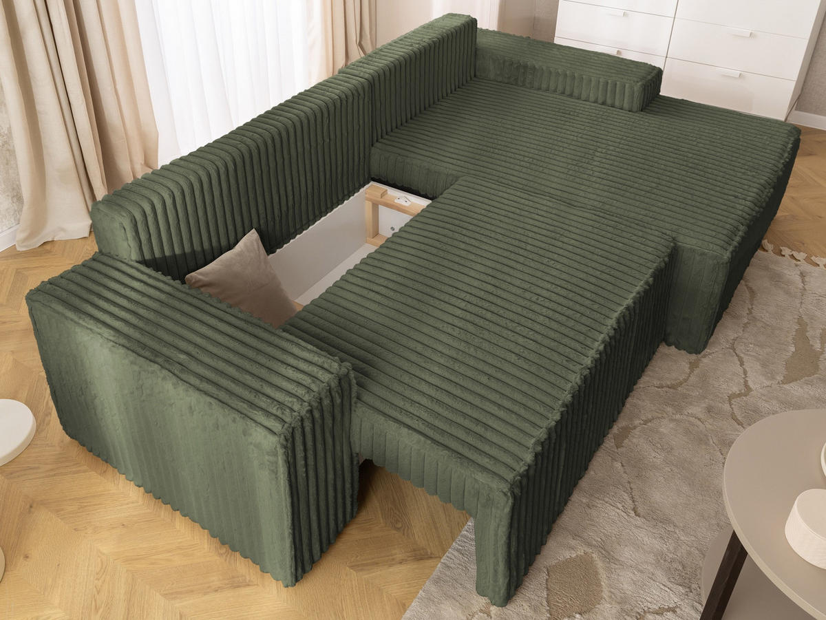 ECKSOFA Rivio mit Schlaffunktion und Bettkasten, Plüschcord Grün - Schwarz/Grün, Holz/Kunststoff (262/149cm) - S-Style