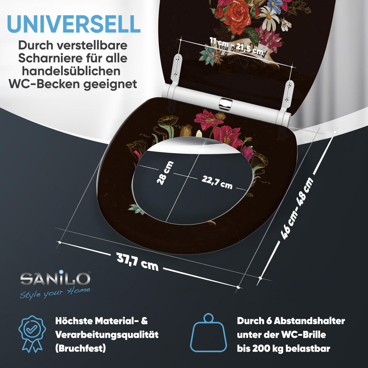 WC-SITZ mit Absenkautomatik & Top Fix Day of the Dead - Schwarz, Holzwerkstoff (37.7/5.5/48cm) - Sanilo